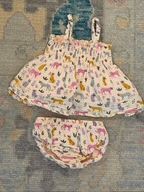 Girls' White Smocked Tank Dress & Bloomers Set with Pastel Safari Leopard Print